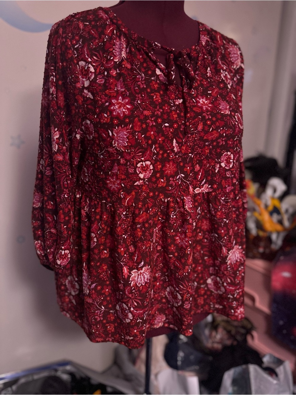 Lane Bryant Burgundy Floral Peplum Baby Doll Top